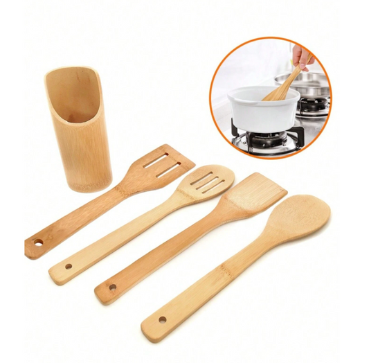 Kit 4 Utensílios de Bambu Com Suporte
