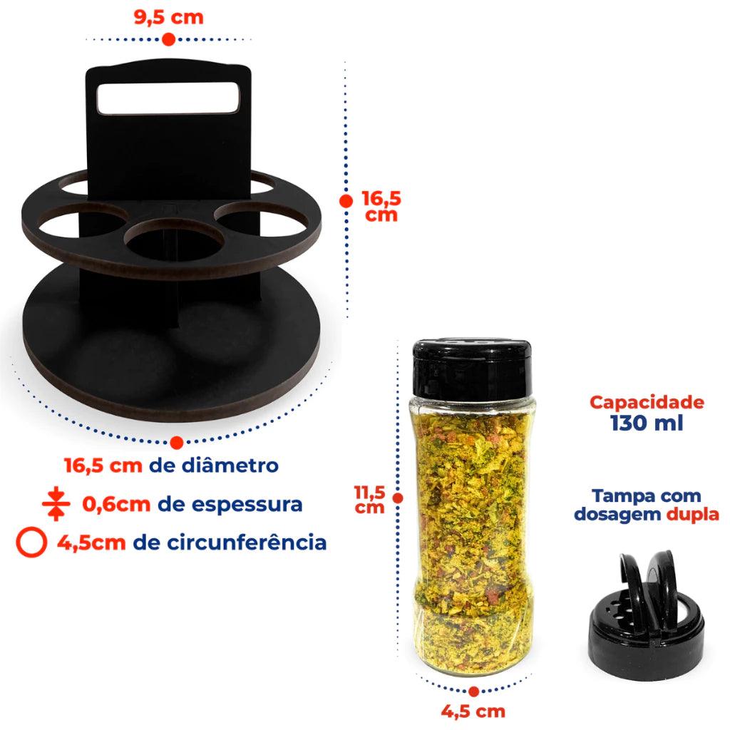 Porta Temperos Com 6 Potes Plásticos e Suporte em MDF