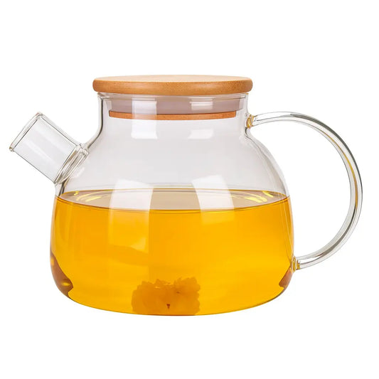 Chaleira de Vidro com Coador e Tampa de Bambu 1L