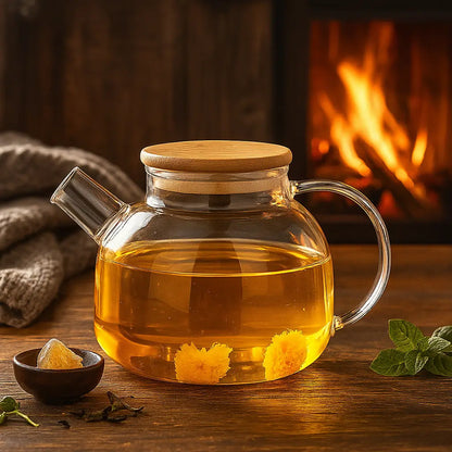 Chaleira de Vidro com Coador e Tampa de Bambu 1L
