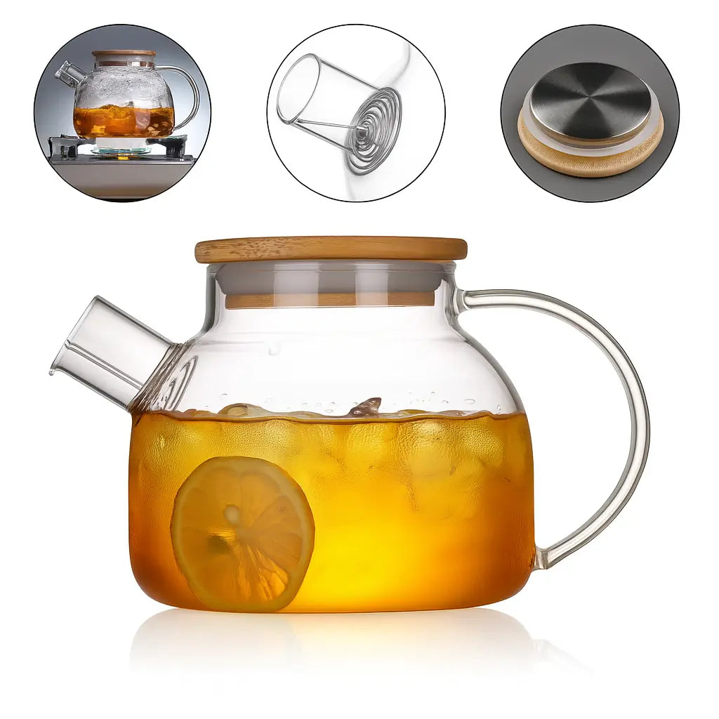 Chaleira de Vidro com Coador e Tampa de Bambu 1L