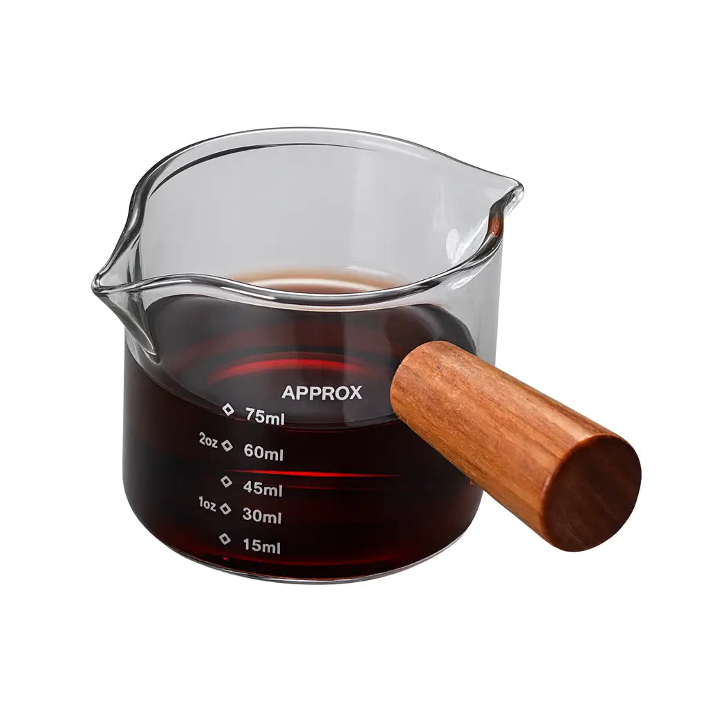 Copo Medidor de Vidro com Alça de Madeira Café Expresso