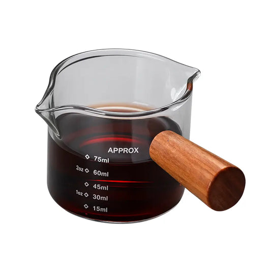 Copo Medidor de Vidro com Alça de Madeira Café Expresso