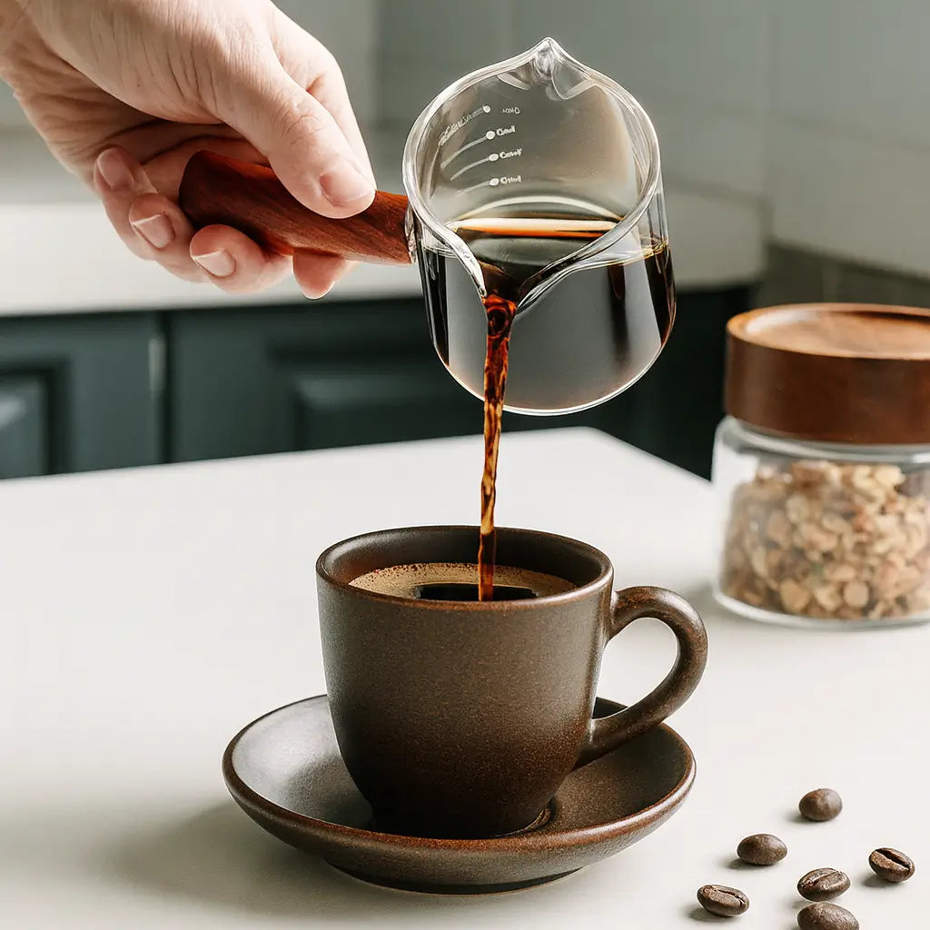 Copo Medidor de Vidro com Alça de Madeira Café Expresso
