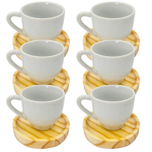 Jogo de 6 Xícaras Porcelana e Pires de Madeira 80ml
