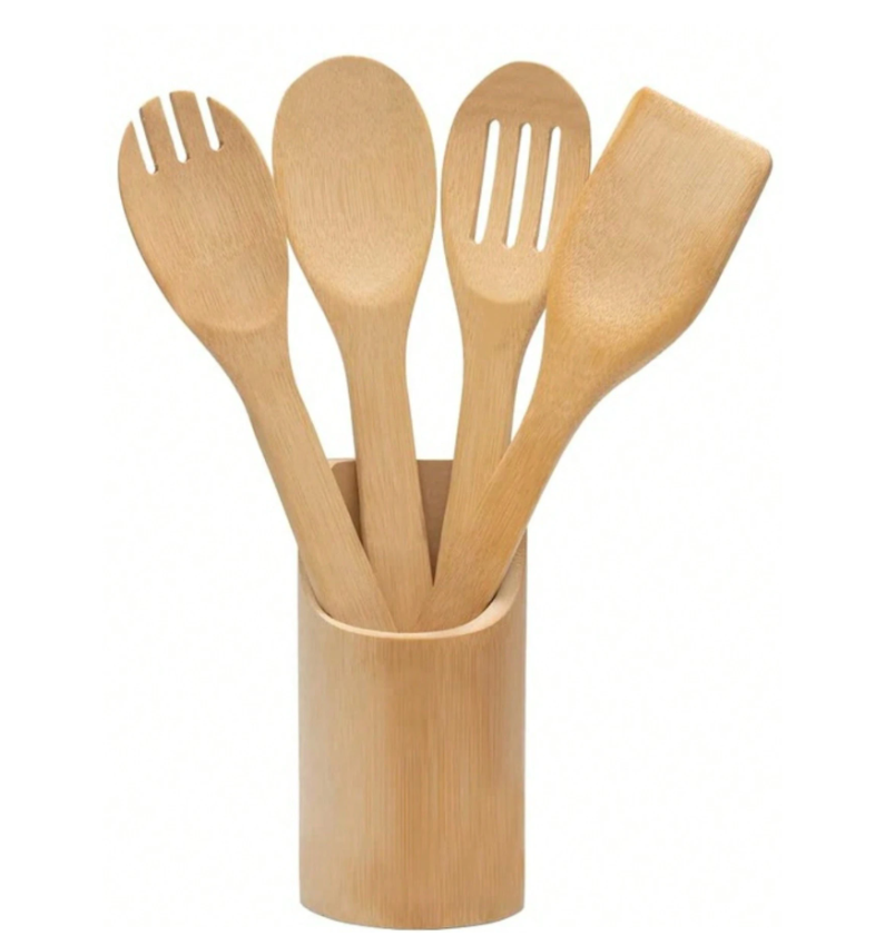 Kit 4 Utensílios de Bambu Com Suporte