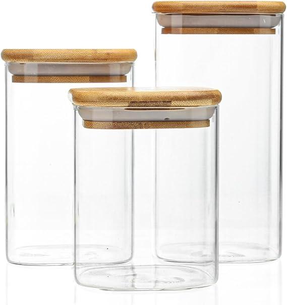 Kit 3 Potes Herméticos de Vidro Tampa de Bambu Hermekit