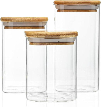 Kit 3 Potes Herméticos de Vidro Tampa de Bambu Hermekit