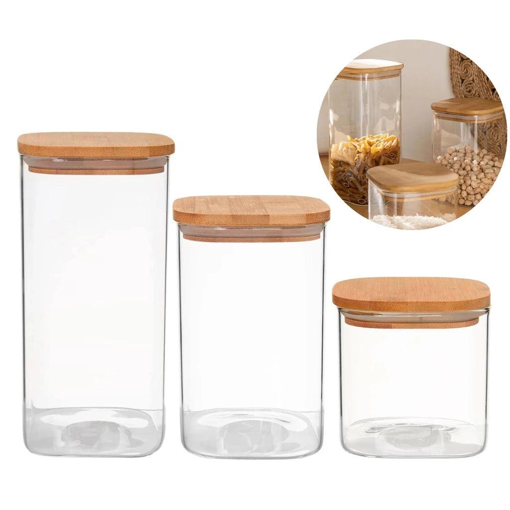 Kit 3 Potes Herméticos de Vidro Tampa de Bambu Hermekit
