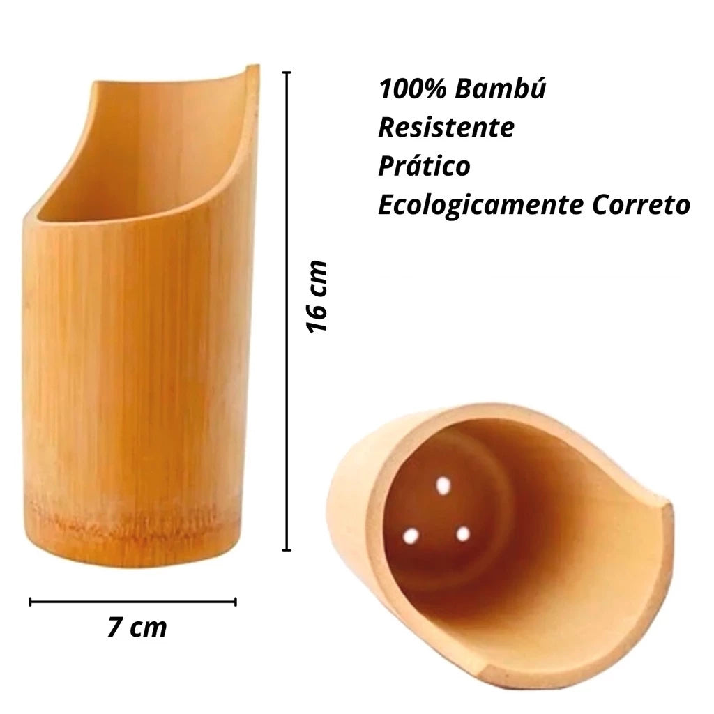 Kit 4 Utensílios de Bambu Com Suporte