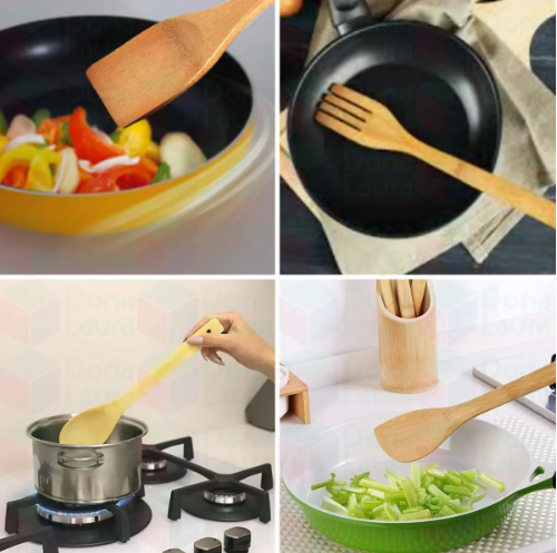 Kit 4 Utensílios de Bambu Com Suporte