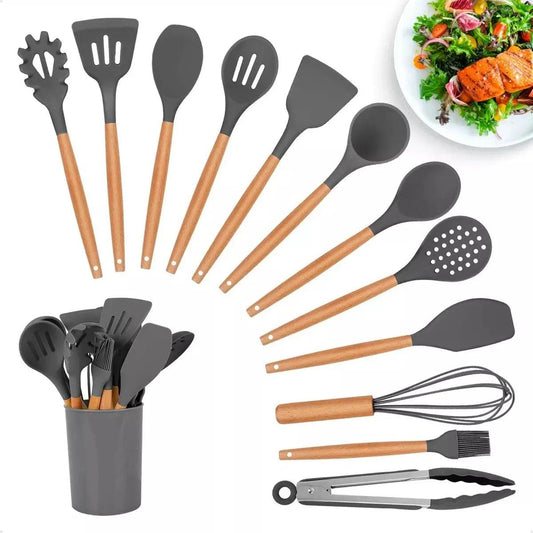 Kit Utensílios de Cozinha Silicone Cabo de Madeira 11 Peças