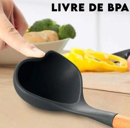 Kit Utensílios de Cozinha Silicone Cabo de Madeira 11 Peças
