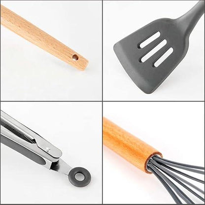 Kit Utensílios de Cozinha Silicone Cabo de Madeira 11 Peças