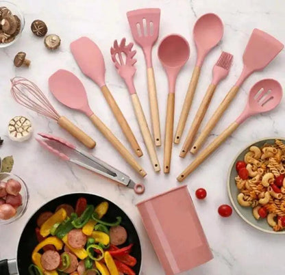 Kit Utensílios de Cozinha Silicone Cabo de Madeira 11 Peças