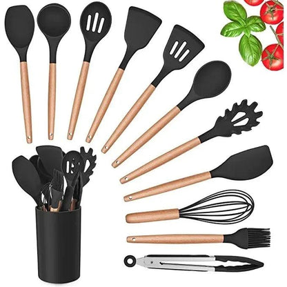 Kit Utensílios de Cozinha Silicone Cabo de Madeira 11 Peças