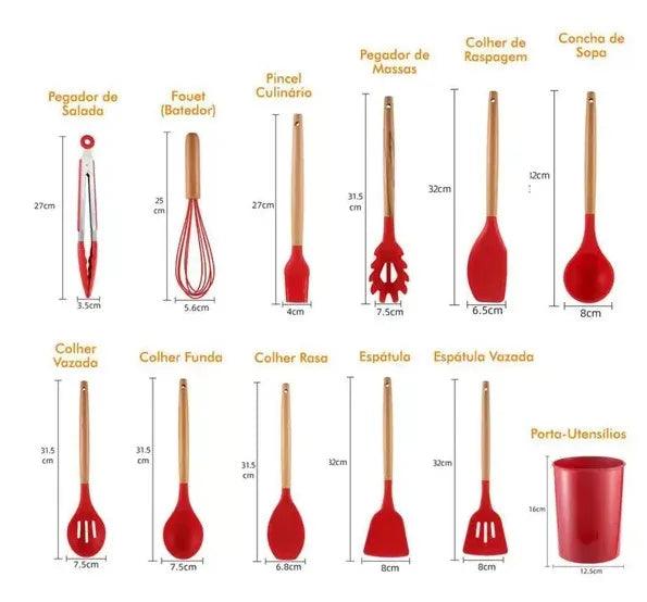 Kit Utensílios de Cozinha Silicone Cabo de Madeira 11 Peças