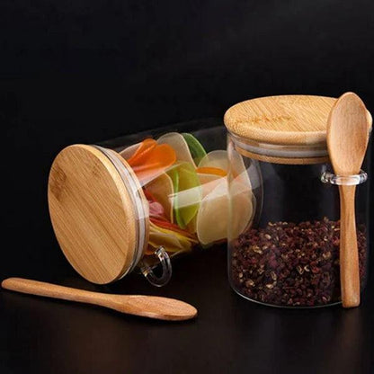 Kit 2 Potes Herméticos de Vidro Com Tampa e Colher de Bambu 400ml