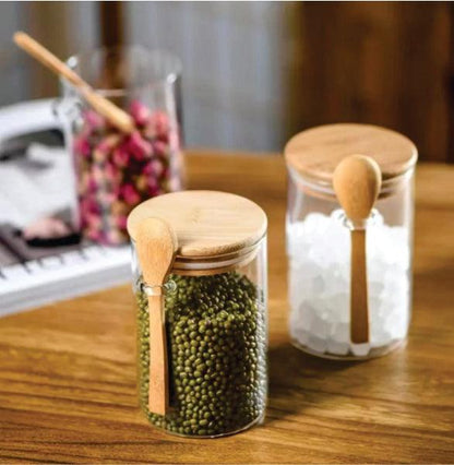 Kit 2 Potes Herméticos de Vidro Com Tampa e Colher de Bambu 400ml