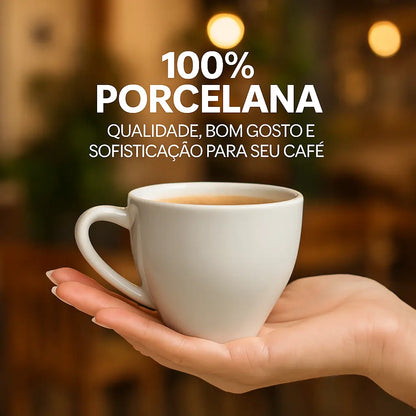 Jogo de 6 Xícaras Porcelana e Pires de Madeira 80ml
