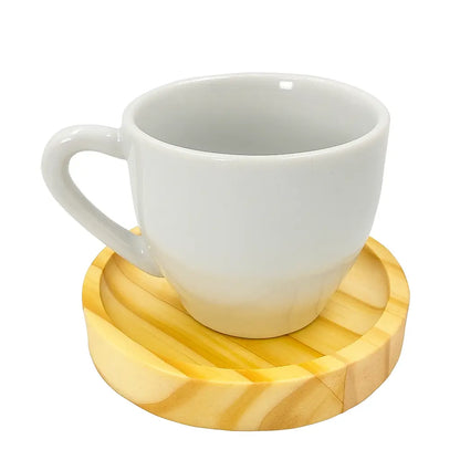 Jogo de 6 Xícaras Porcelana e Pires de Madeira 80ml